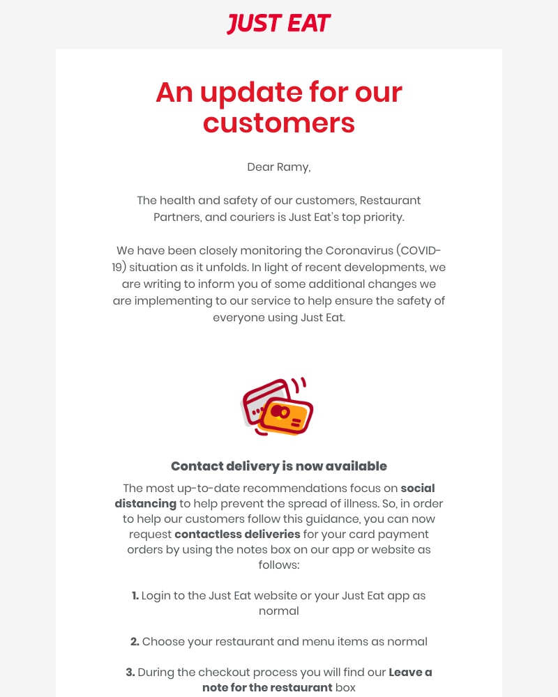 Just Eat - Coronavirus: an important update for our customers
