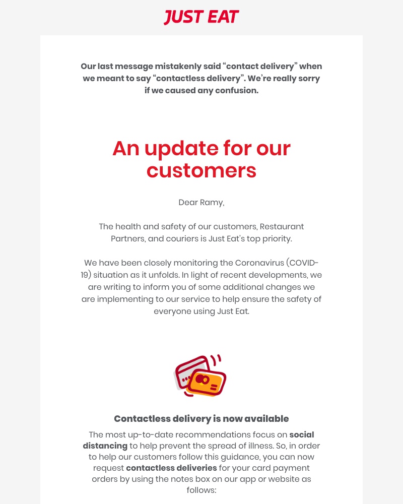 Just Eat - Coronavirus: an important update for our customers - CORRECTION