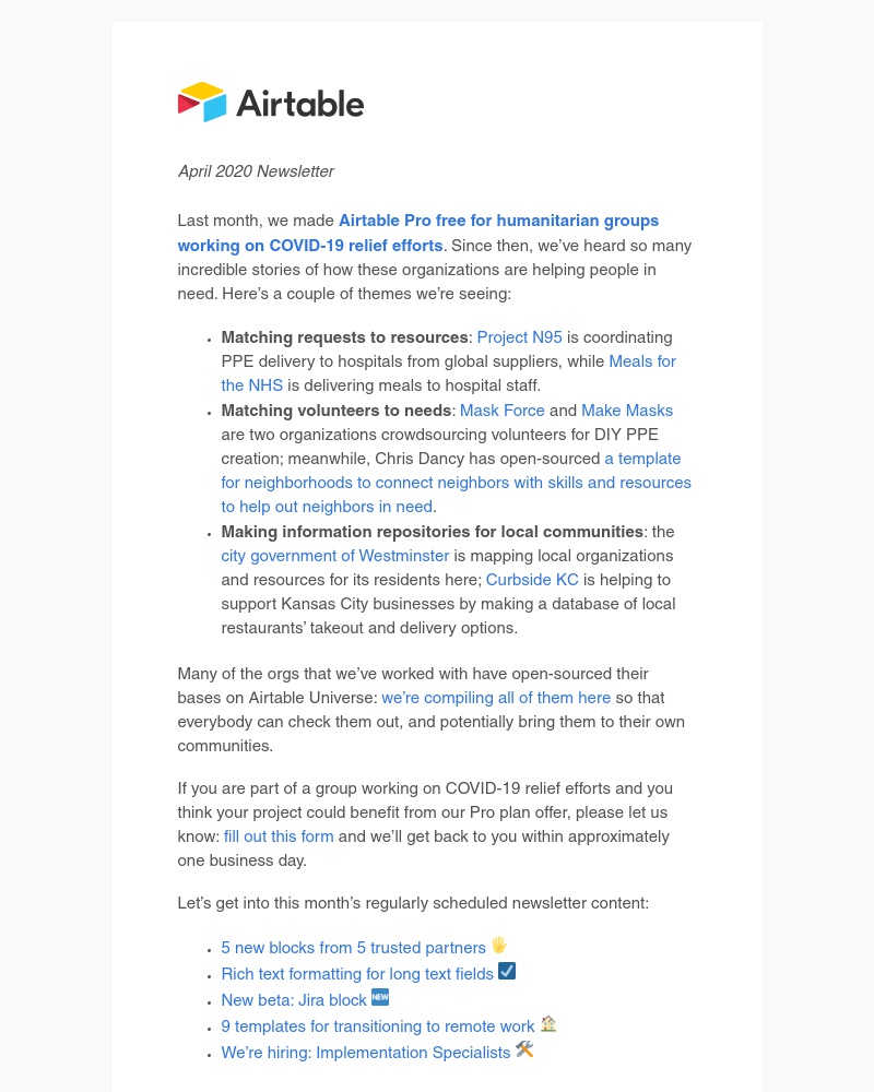 Airtable - COVID-19 relief, 5 more new blocks, and rich text formatting