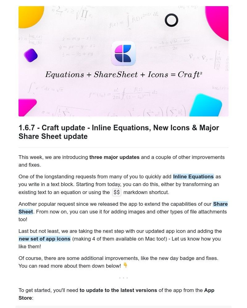 Craft - Craft update - Inline Equations, New Icons & Major Share Sheet update