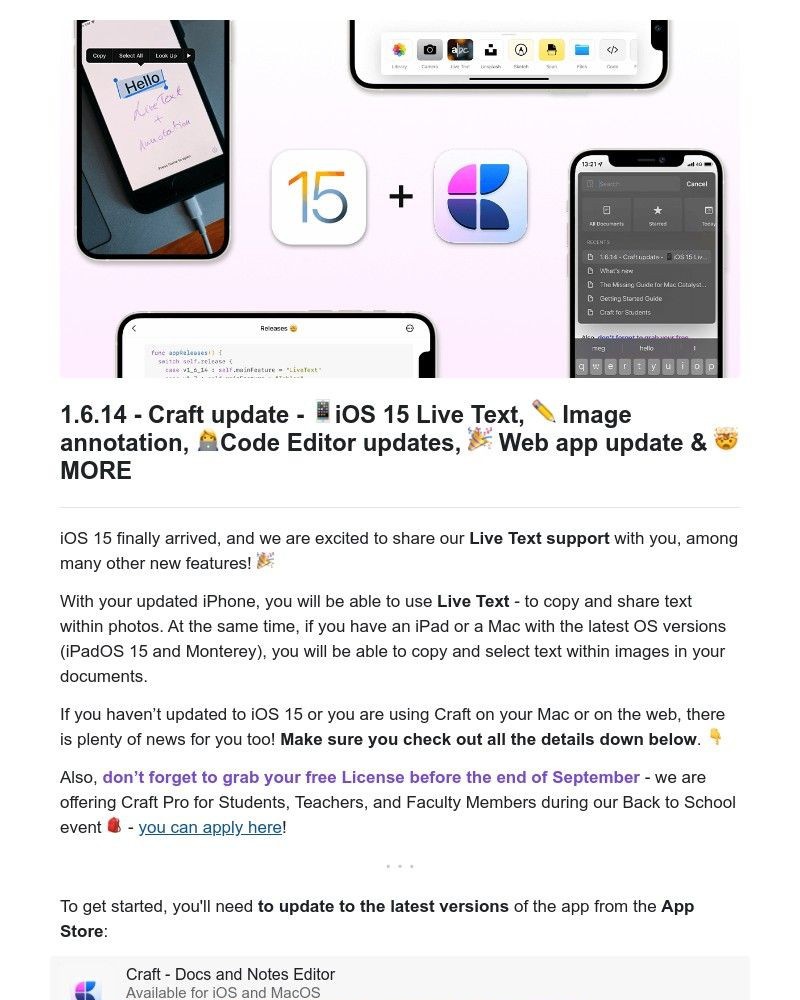Craft - Craft update - 📱iOS 15 Live Text, ✏️️ Image annotation, 👩‍💻Code Editor updates, 🎉 Web app update & 🤯 MORE