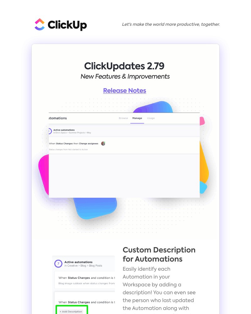 ClickUp - Custom Description for Automations, Sorting in Dashboard Widgets, ➕ more!