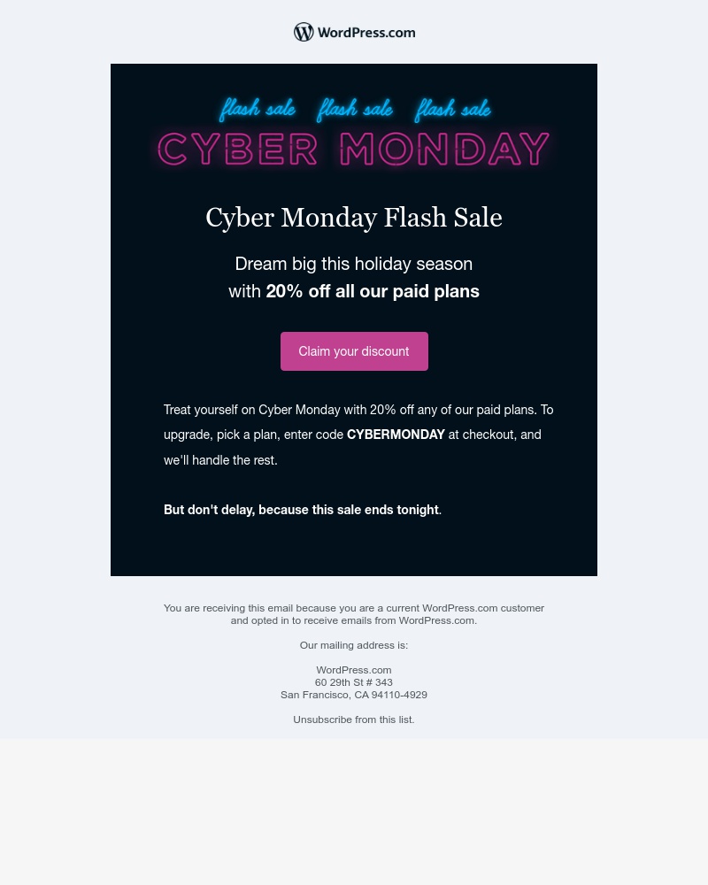 WordPress - Cyber Monday starts now and ends tonight.