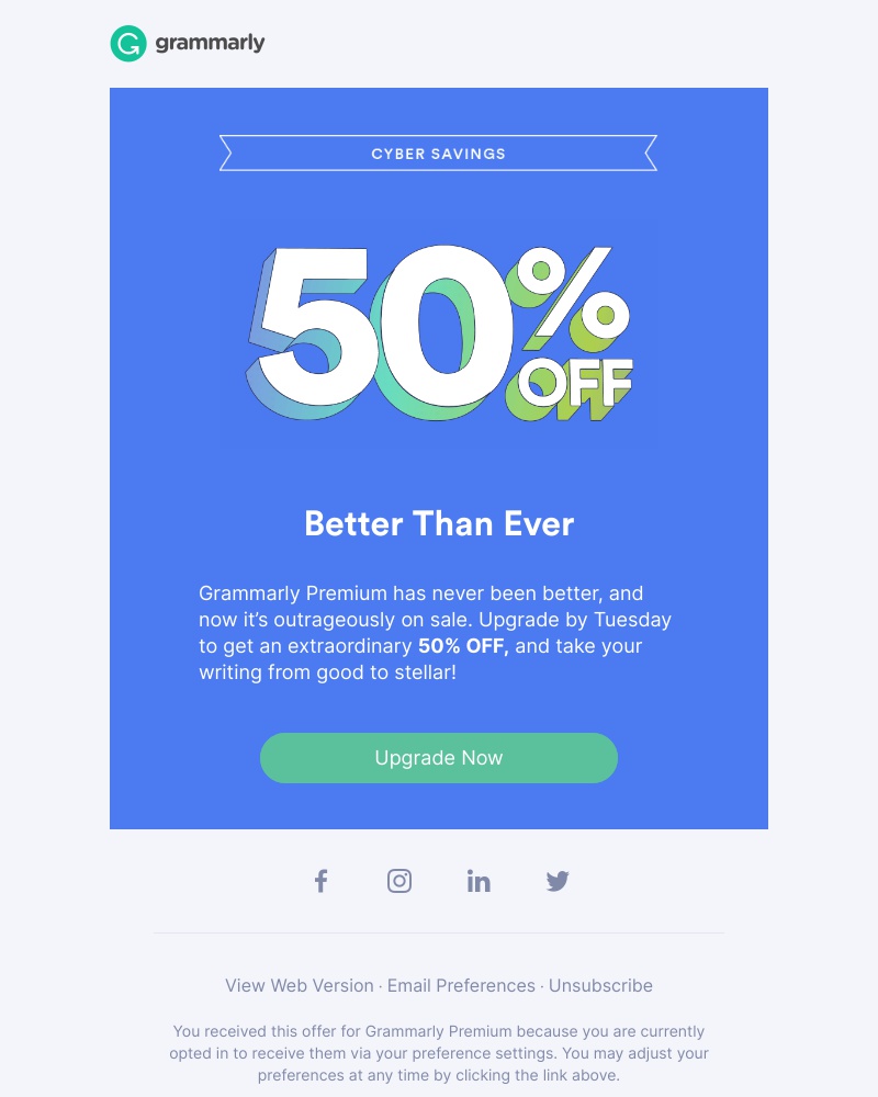 Grammarly - CYBER SAVINGS: 50% OFF all individual plans now through Tuesday!