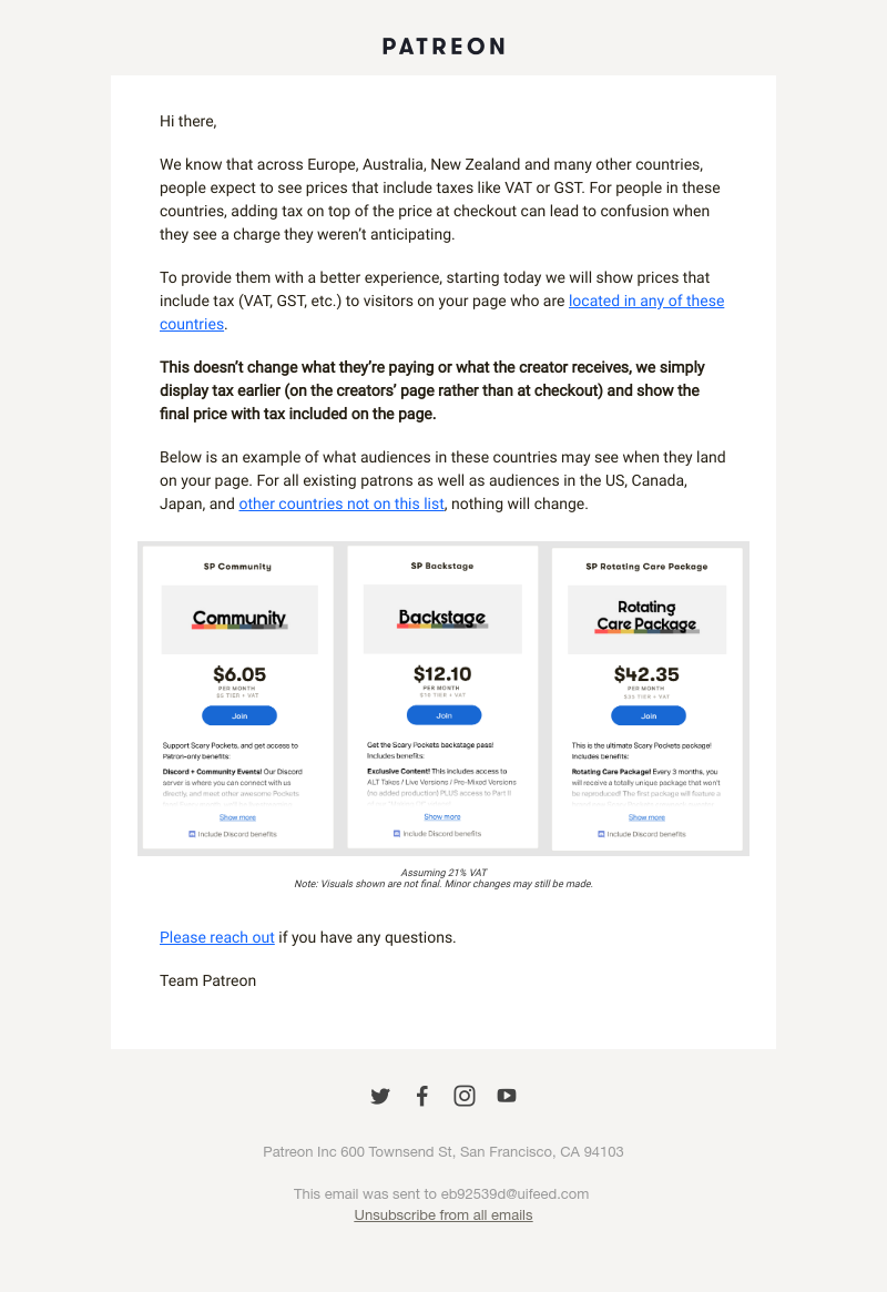 Patreon - Introducing tax inclusive pricing for specific countries