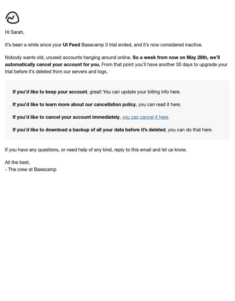 Basecamp - Your Basecamp 3 trial will be canceled soon