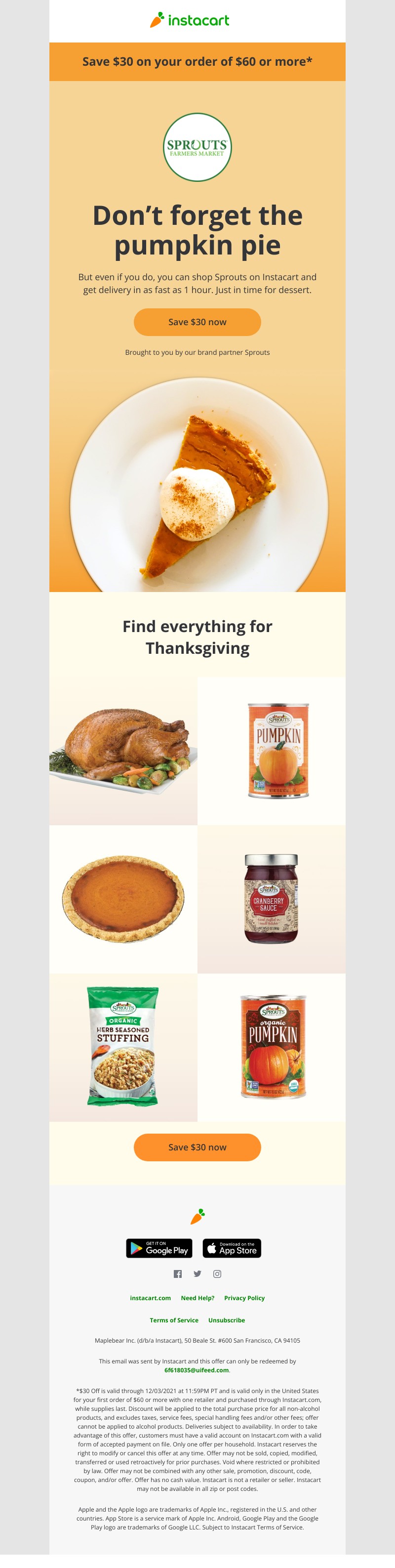 Instacart - $30 off your order from Sprouts: Get 🦃, ingredients delivered