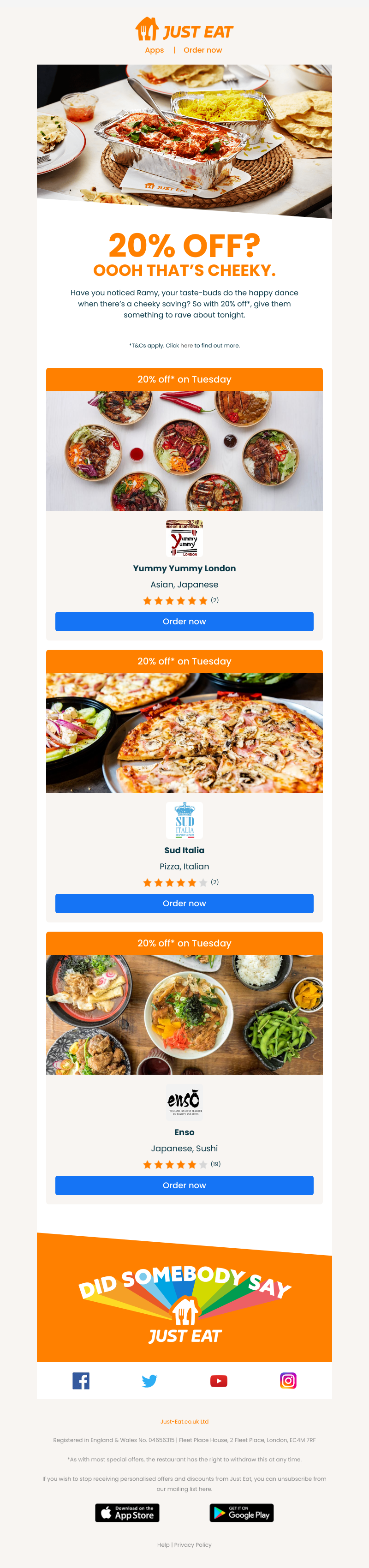 Just Eat - Ramy, reward yourself with 20% off this Cheeky Tuesday