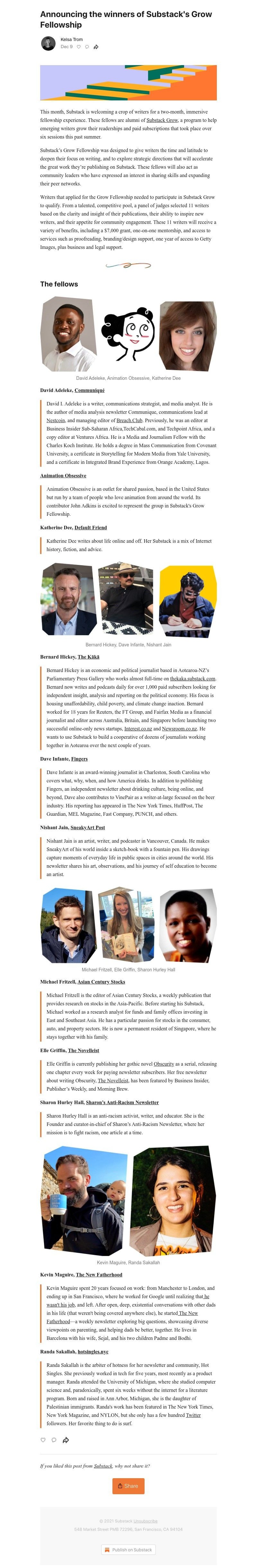Substack - Announcing the winners of Substack's Grow Fellowship