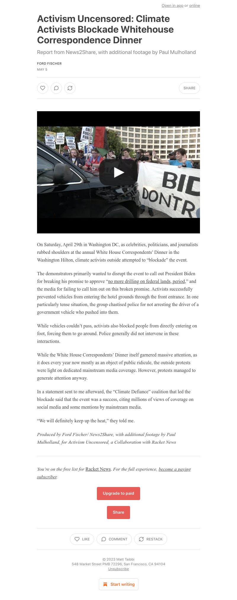 Substack - Activism Uncensored: Climate Activists Blockade Whitehouse Correspondence Dinner