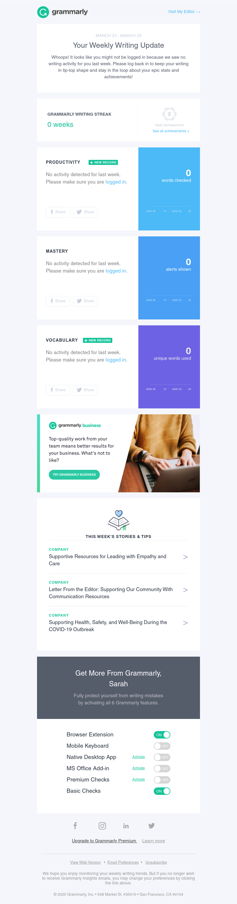Grammarly - Looks like you didn't have any writing activity last week.