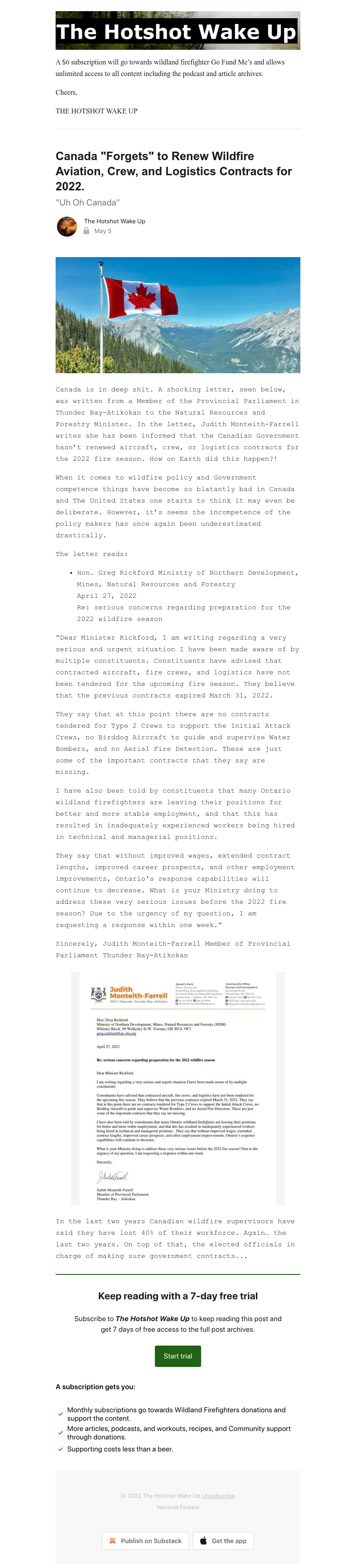 Substack - Canada "Forgets" to Renew Wildfire Aviation, Crew, and Logistics Contracts for 2022.