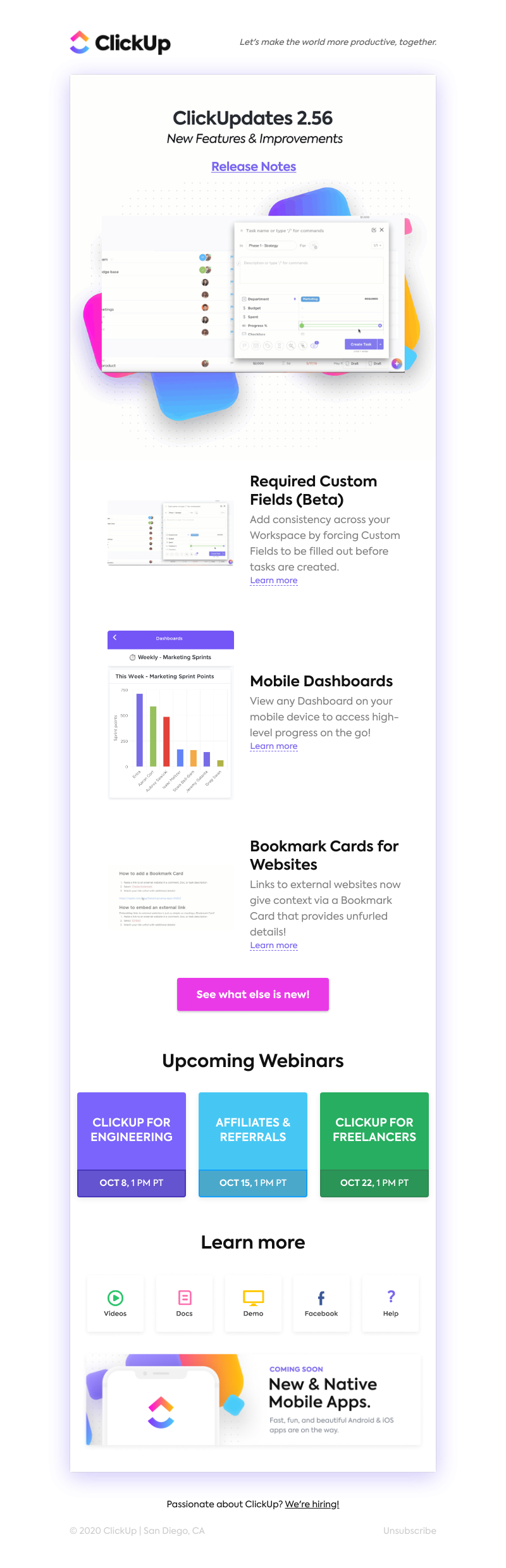 ClickUp - Required Custom Fields (Beta), Mobile Dashboards, Bookmark Cards for Websites, and more!