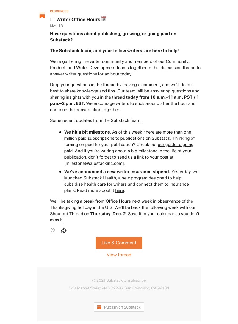 Substack - Writer Office Hours 📅