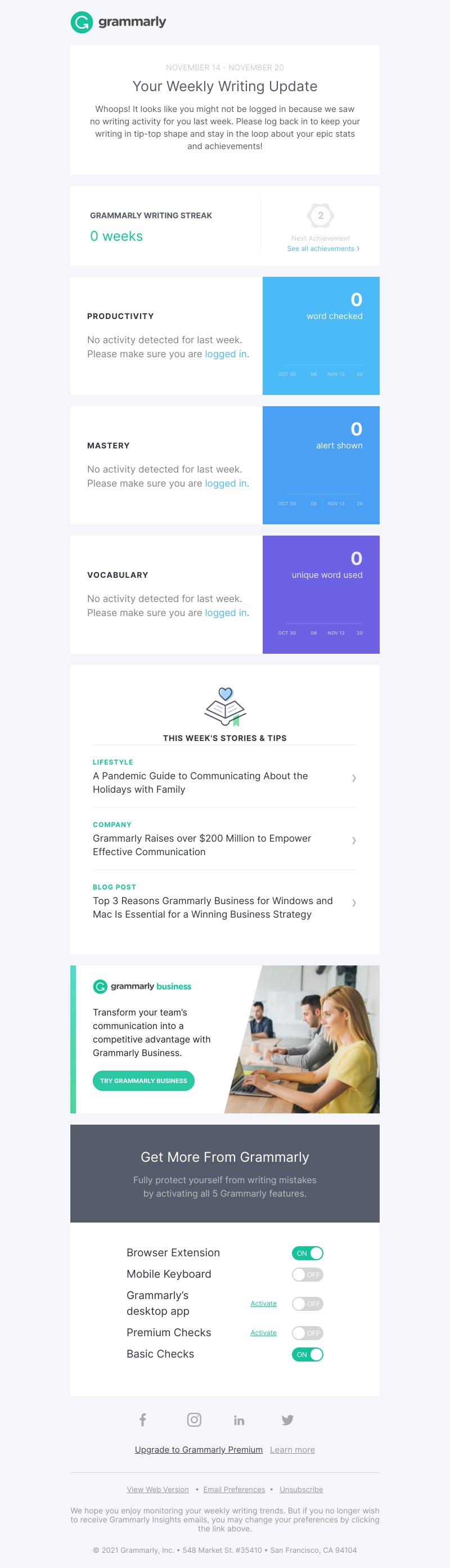 Grammarly - Keep writing to see your super stats.