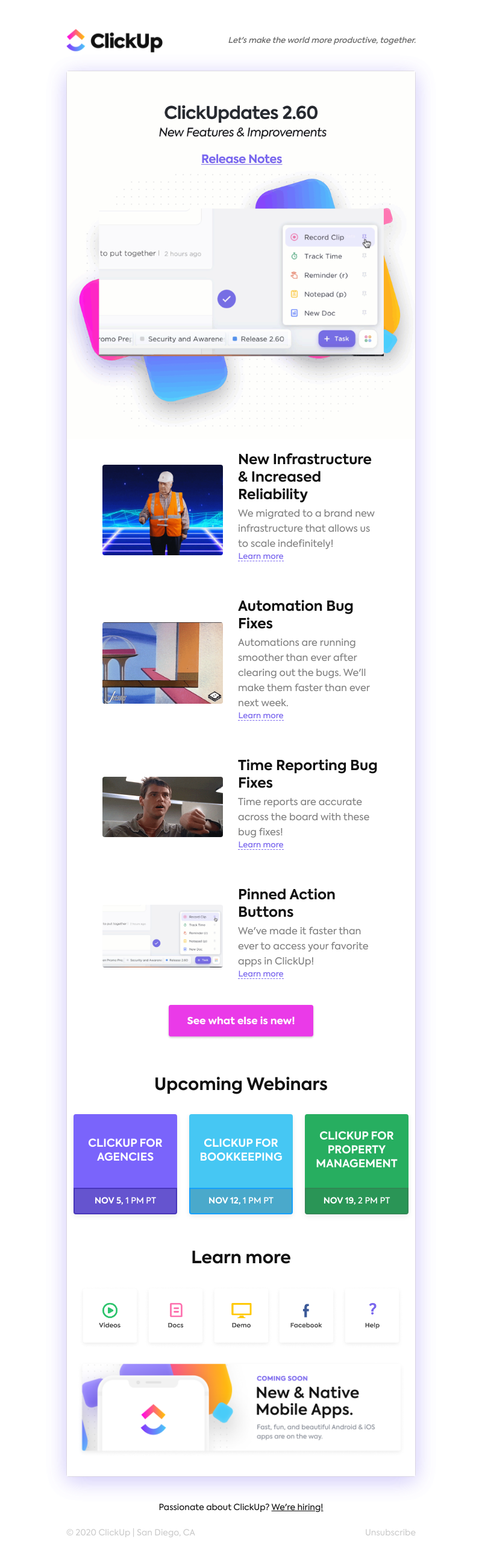 ClickUp - Infrastructure Upgrade, 100+ Bug Fixes, Pinned Action Buttons