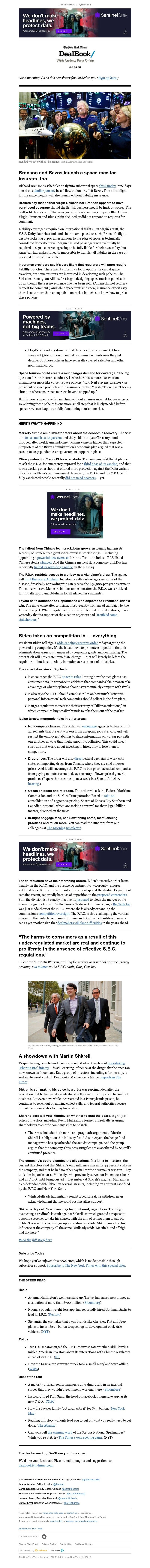 The New York Times - DealBook: Branson, Bezos and space insurance