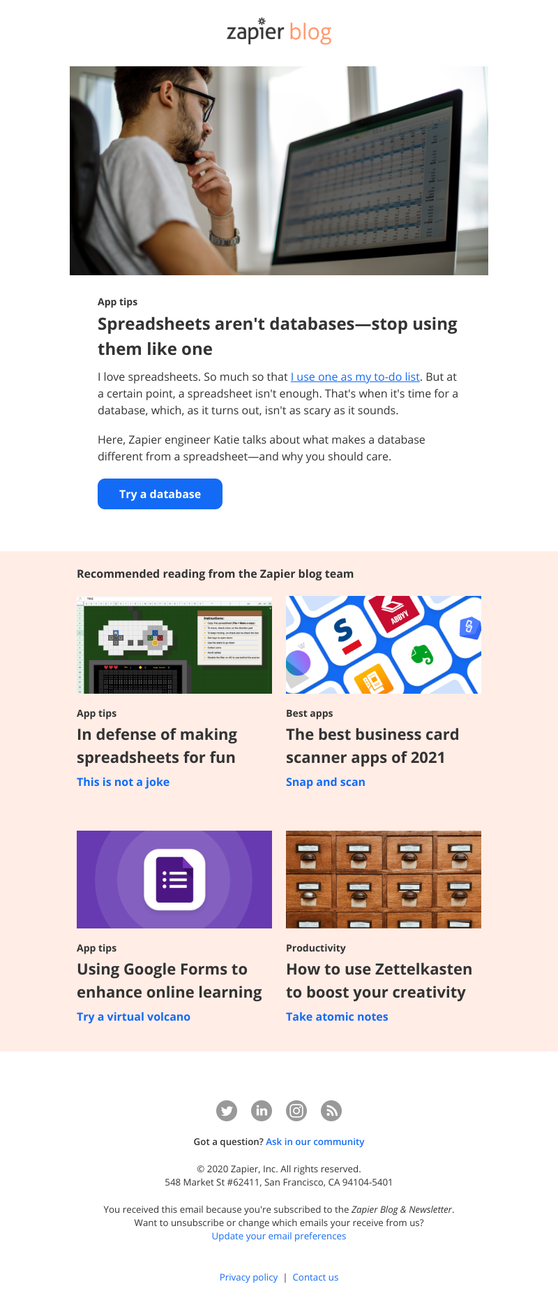 Zapier - Spreadsheets aren't databases—stop using them like one