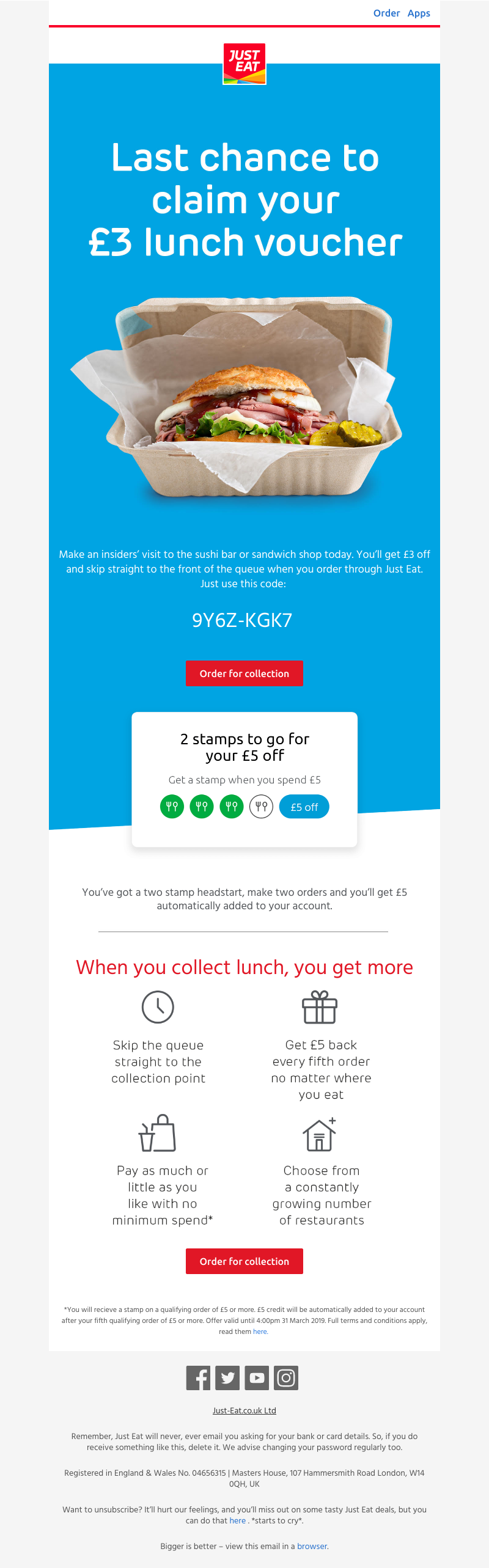 Just Eat - Last chance to claim your £3 lunch voucher