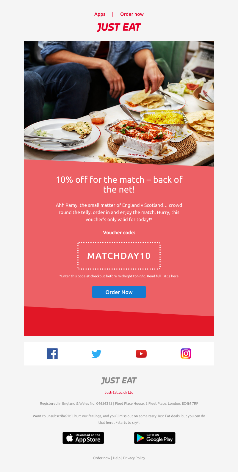 Just Eat - Ramy, get 10% off for the footie,  today only