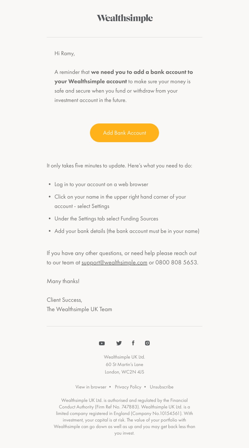 Wealthsimple - Reminder: add a bank account to your Wealthsimple account