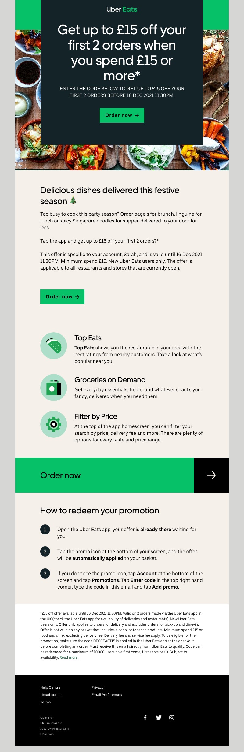 Uber Eats - Get  £15 off  your first 2 orders