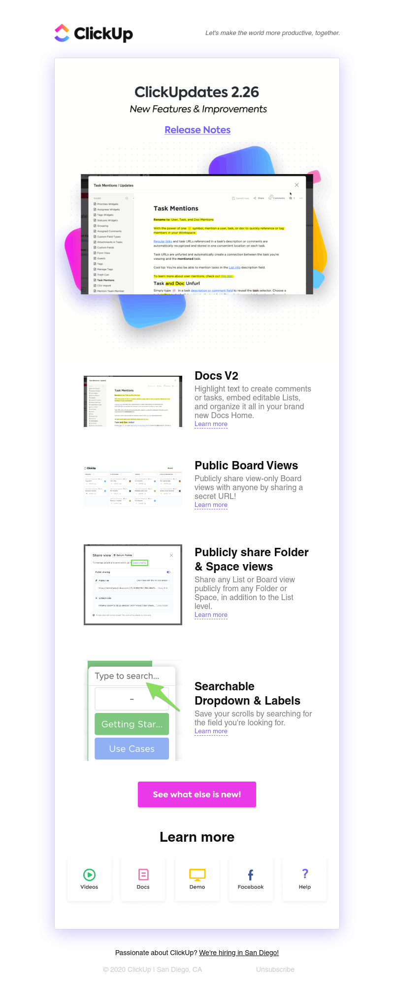 ClickUp - ClickUpdates 2.26: Docs V2 (Comments, Home, Linking), Public Boards, Public Folders & Spaces, more!