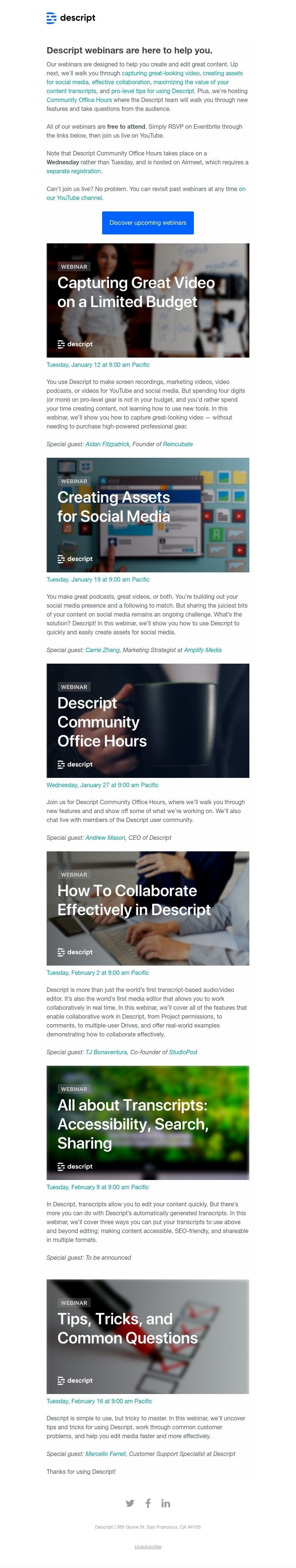 Descript - New webinars: Capturing video, social media edits, collaboration, transcripts, and more