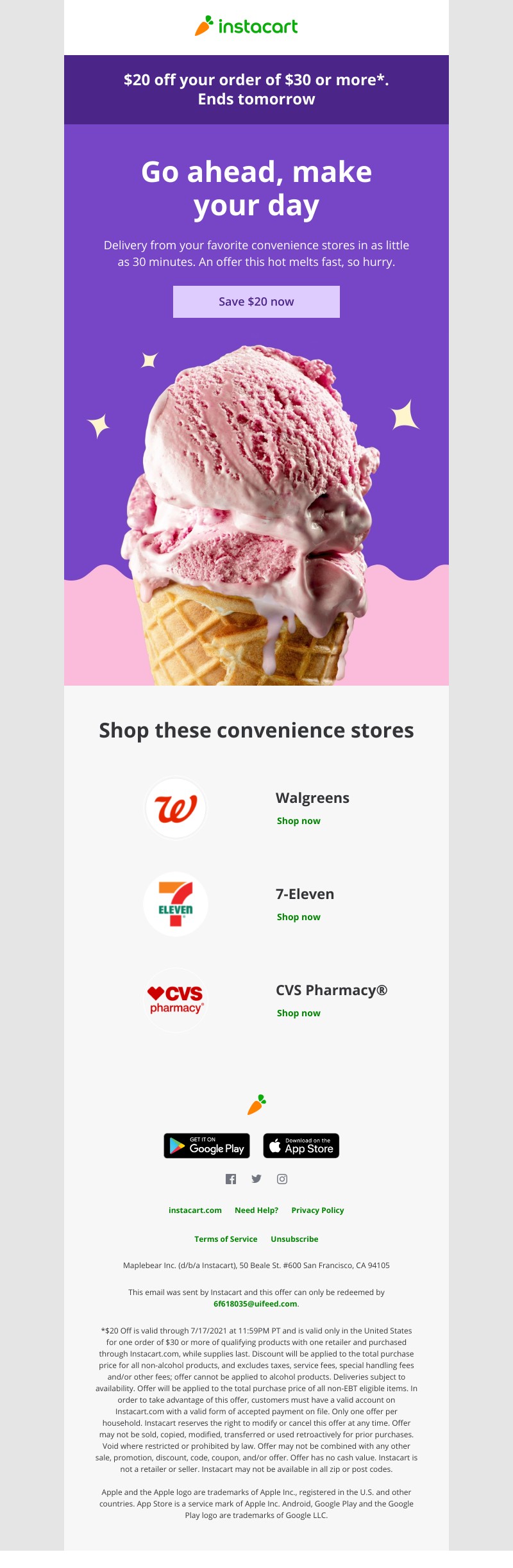 Instacart - It's ice cream o'clock: Save $20!