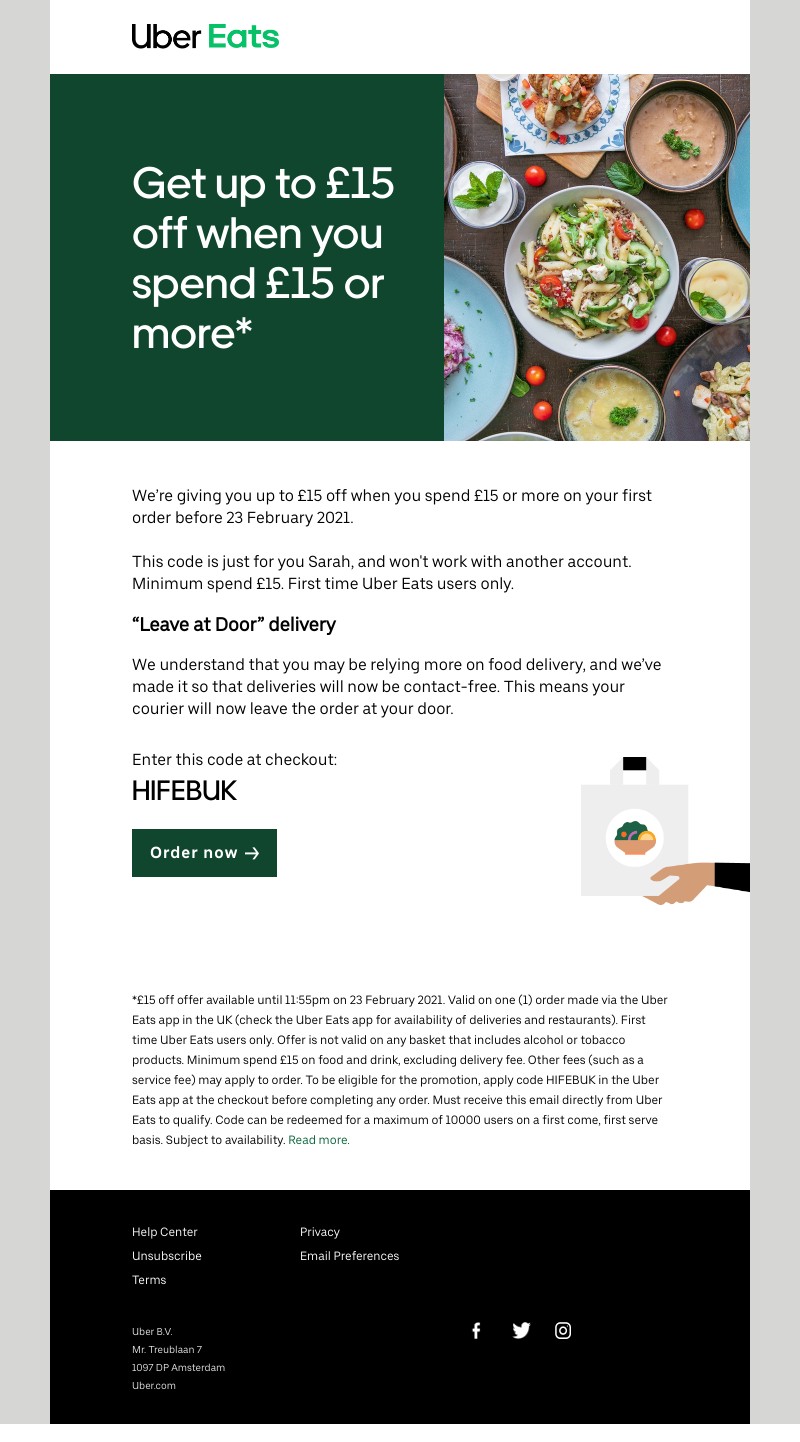 Uber Eats - Get £15 off your first takeaway,  Sarah