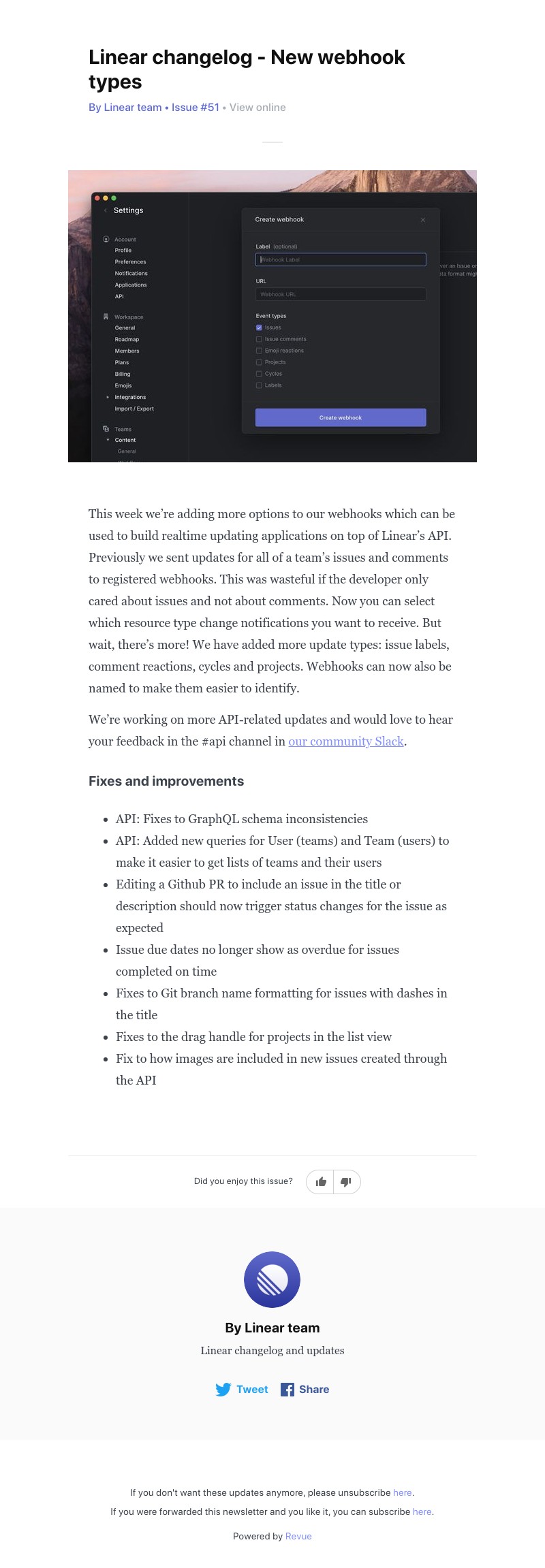 Linear - Linear changelog - New webhook types