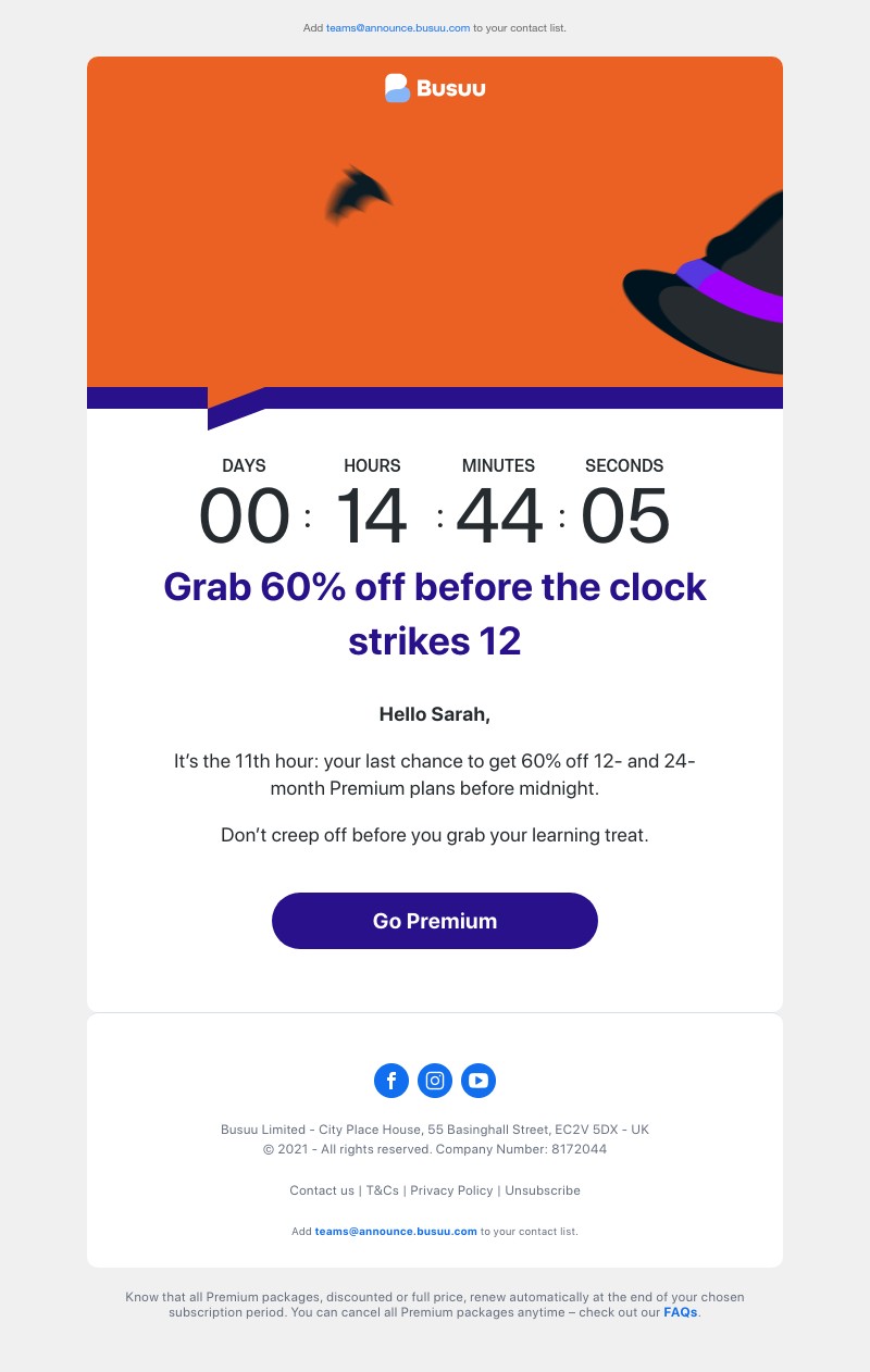 Busuu - 🎃 Sarah, hurry! The clock is ticking – 60% off ends tonight 🎃