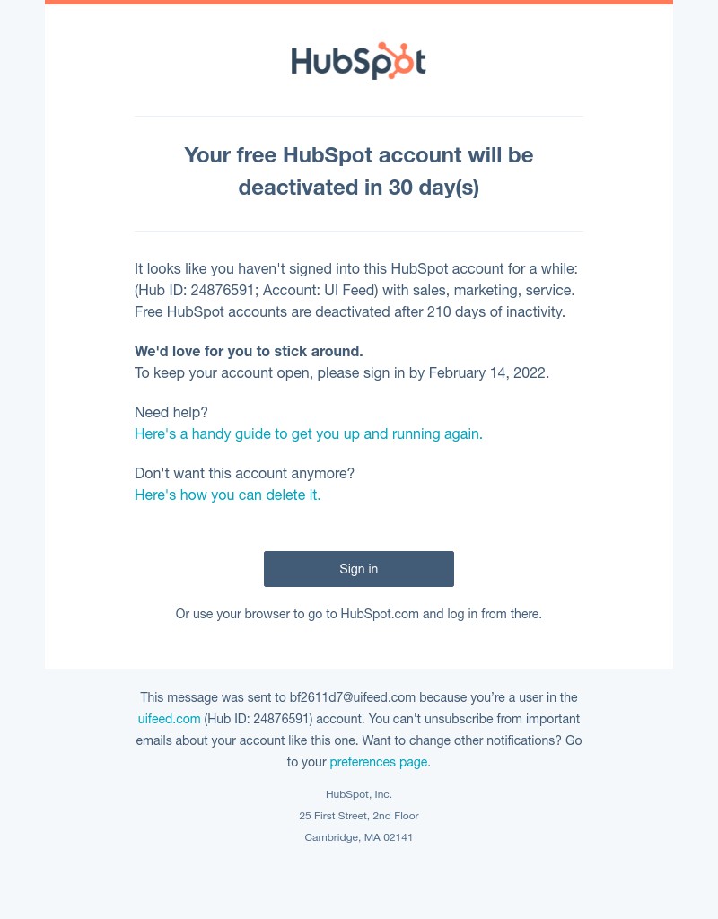 HubSpot CRM - Your free HubSpot account will be deactivated in 30 day(s)