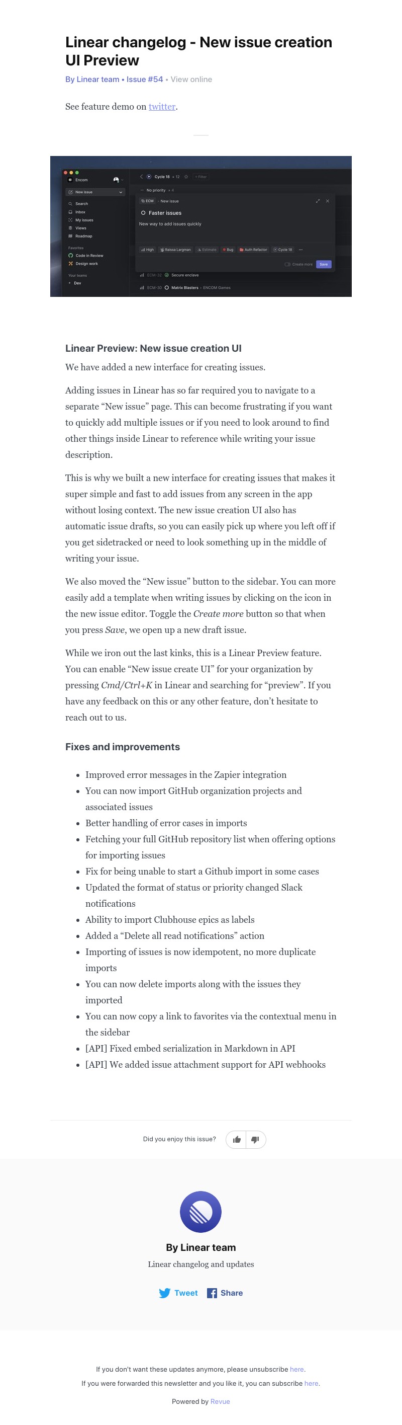 Linear - Linear changelog - New issue creation UI Preview