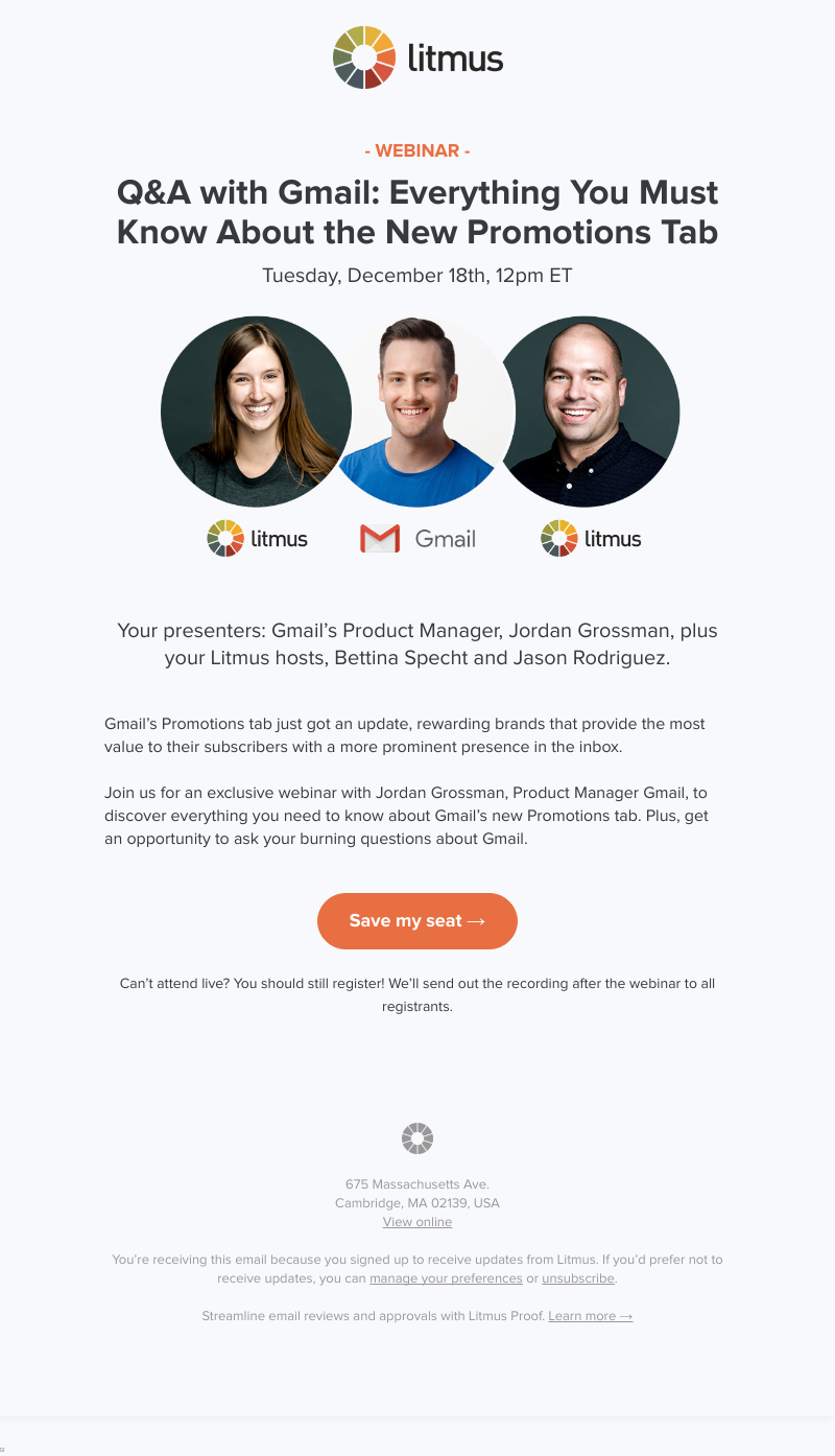 Litmus - Last chance to register for tomorrow's webinar with Gmail