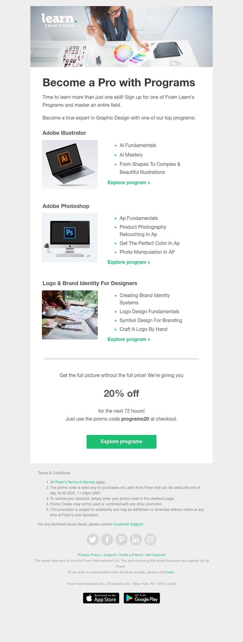 Fiverr - 20% off. 100% skills.