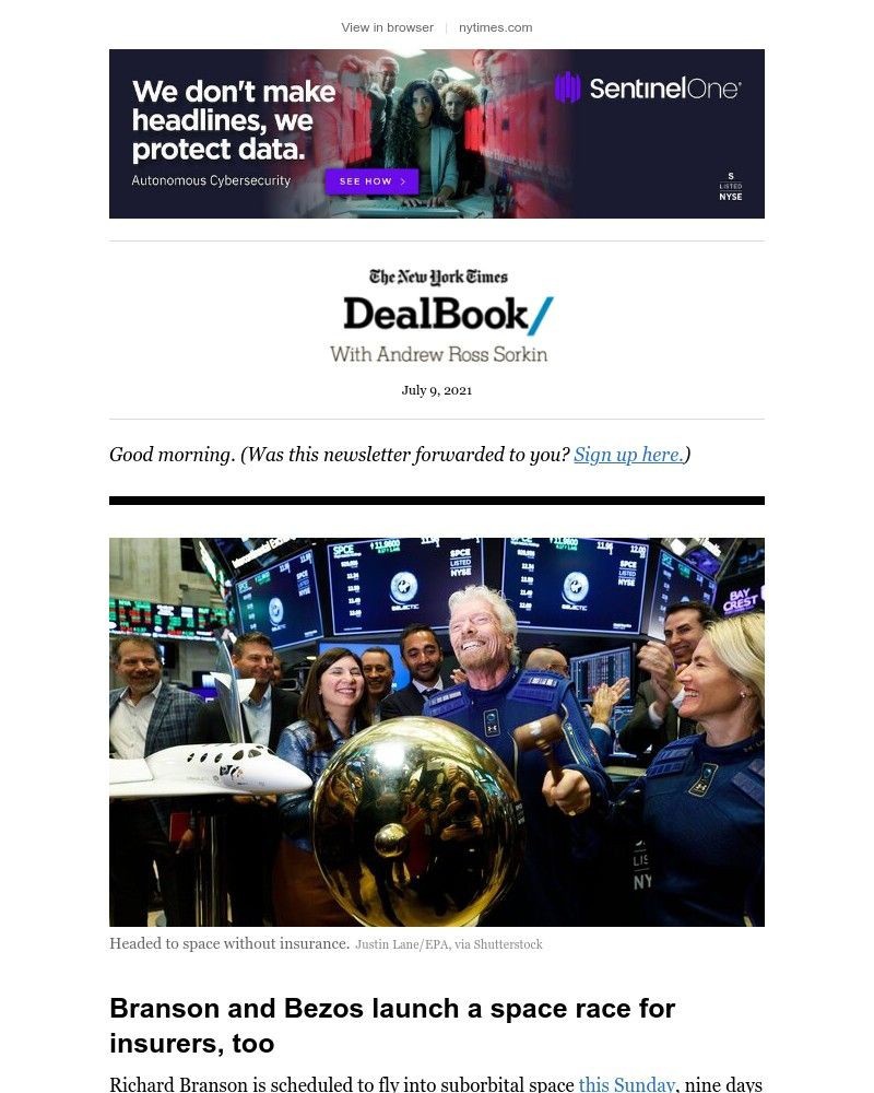 The New York Times - DealBook: Branson, Bezos and space insurance
