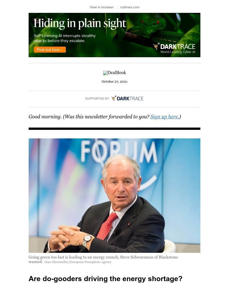 The New York Times - DealBook: Steve Schwarzman’s warning on going green