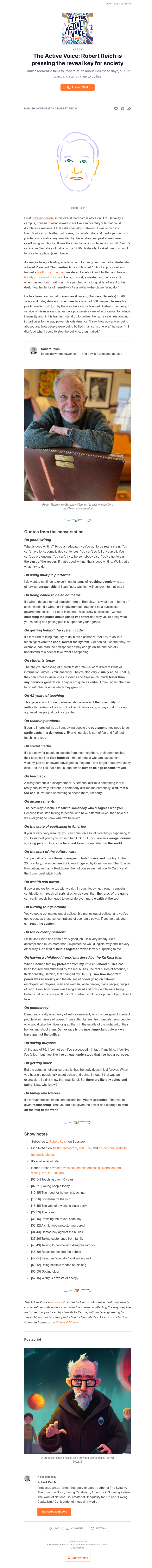 Substack - The Active Voice: Robert Reich is pressing the reveal key for society