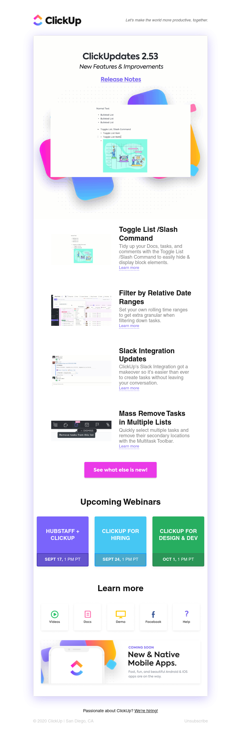 ClickUp - Toggle List /Slash Command 🔍 Improved Filter UI 📆 Filter by Relative Date Ranges 🗨️ Slack Integration Updates ➕ More! 