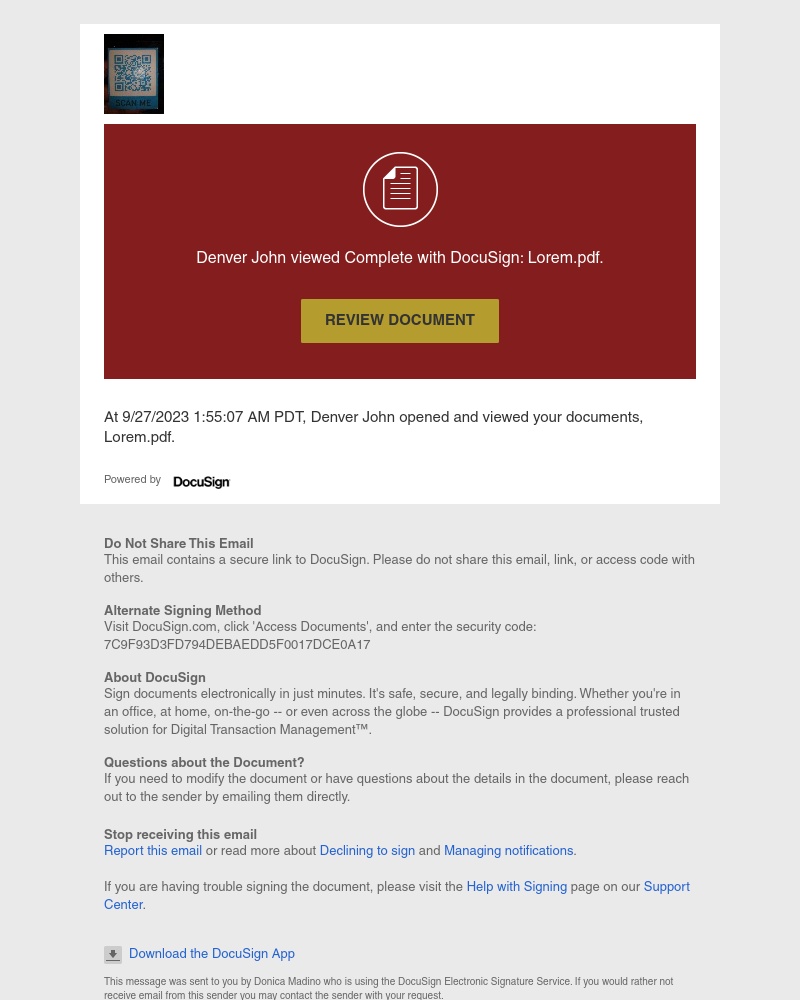  - Denver John viewed Complete with DocuSign: Lorem.pdf