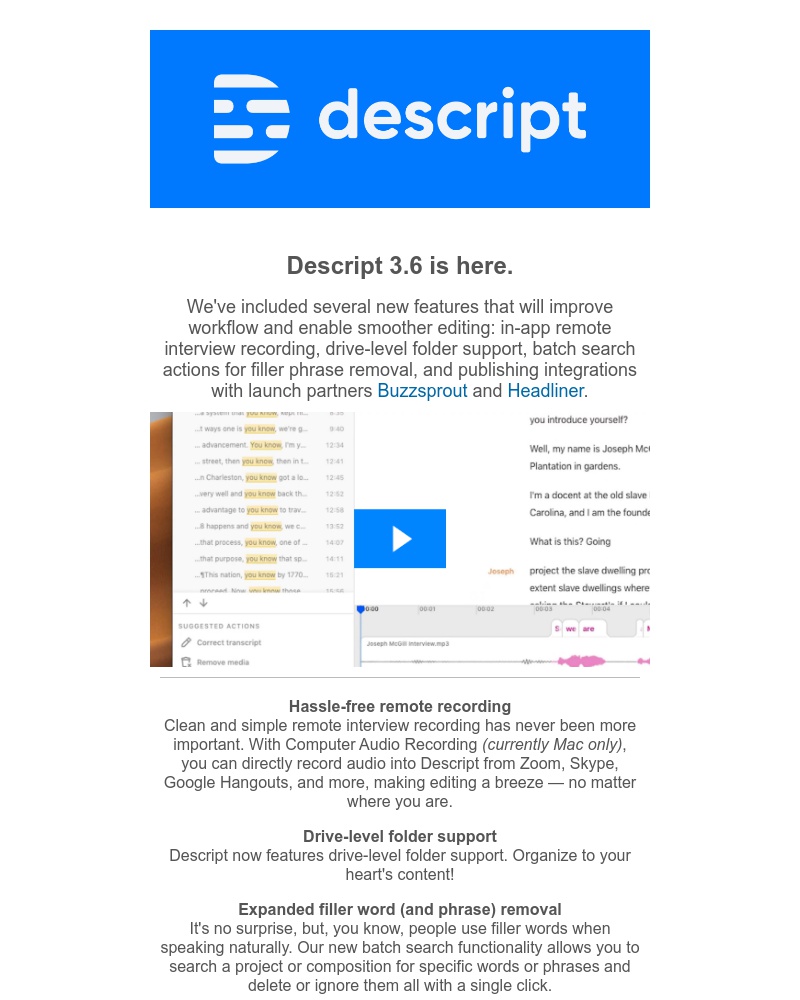 Descript - Descript 3.6 is here: Remote recording, better folders and search, publishing partners, more