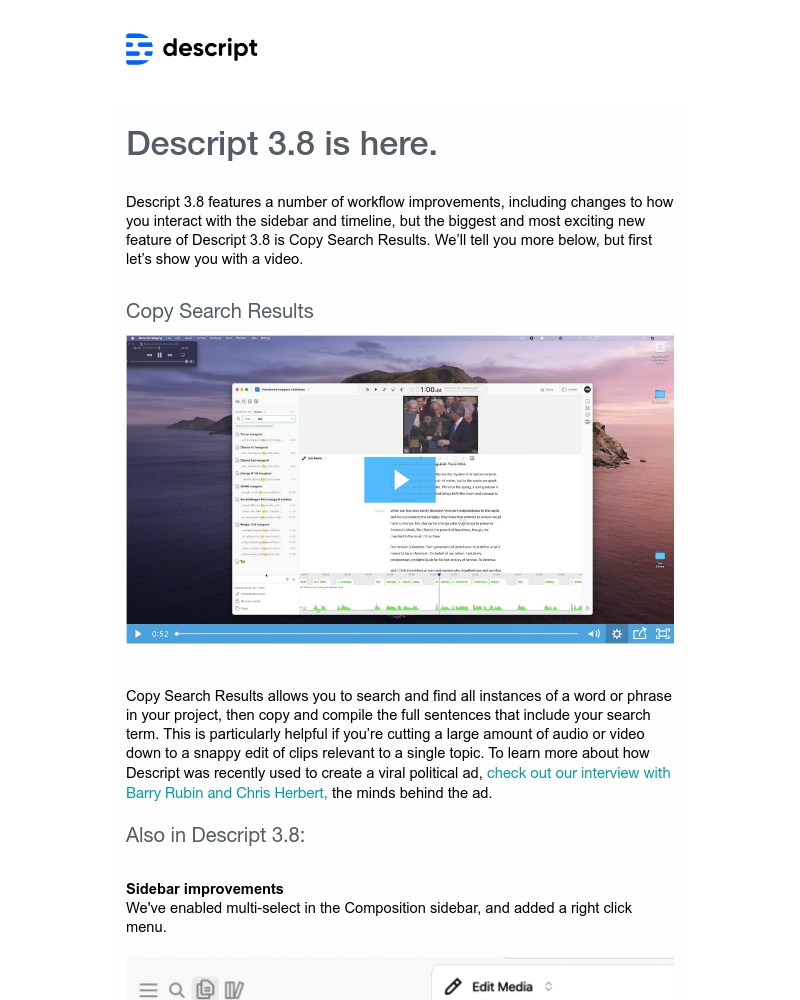 Descript - Descript 3.8 is here: Copy search results and workflow improvements