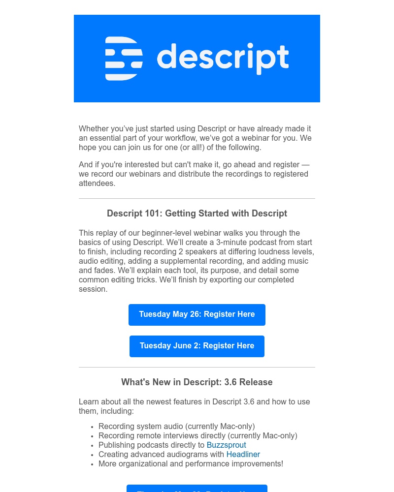 Descript - Descript webinars: Basics, new features, sharper storytelling