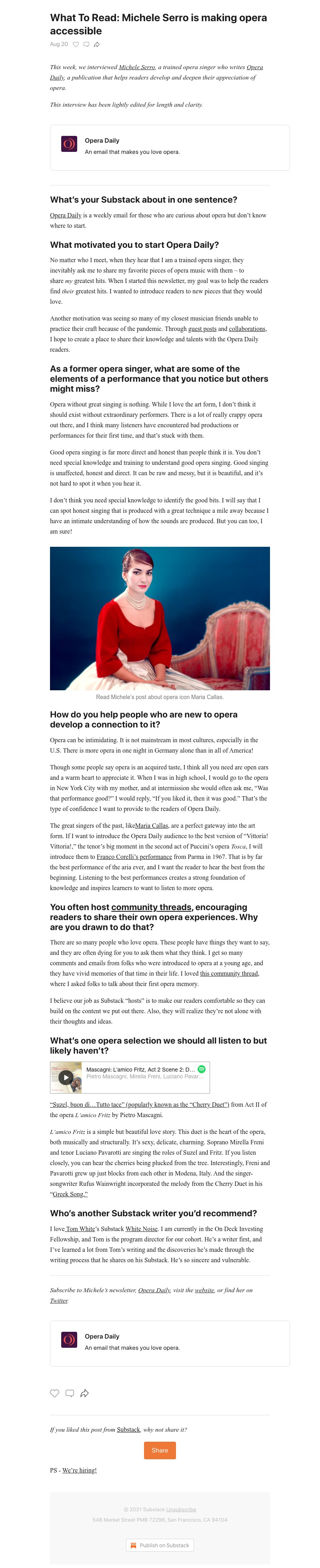 Substack - What To Read: Michele Serro is making opera accessible