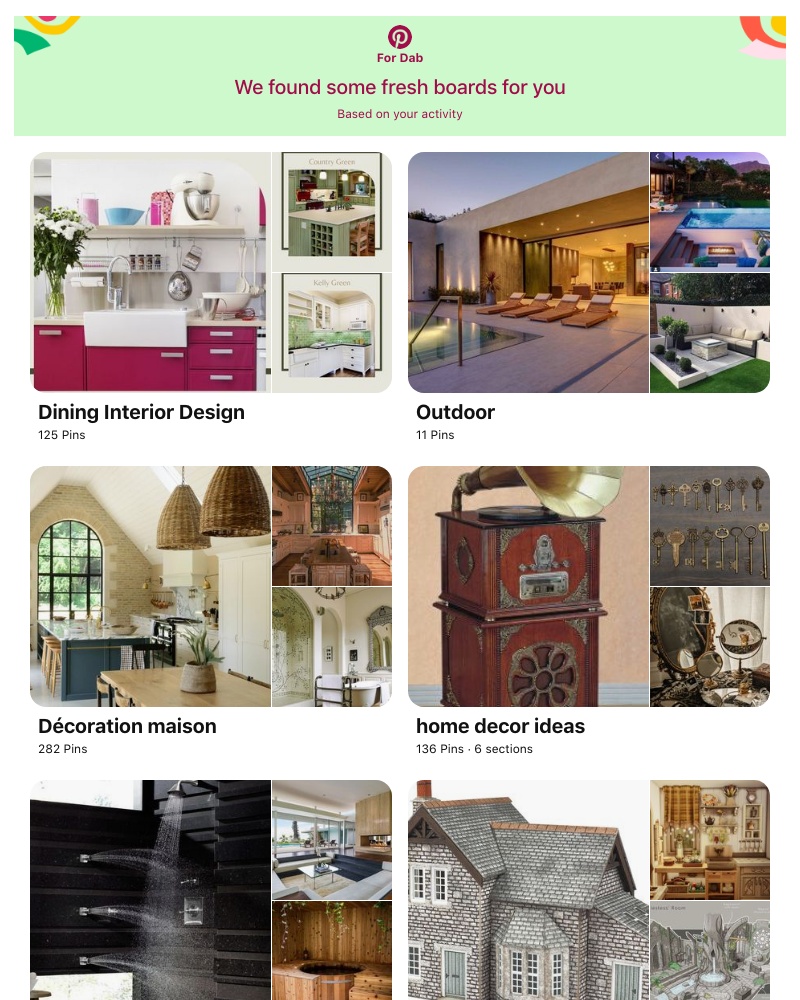 Pinterest - "Dining Interior Design", "Outdoor" and 6 other boards inspired by your recent activity