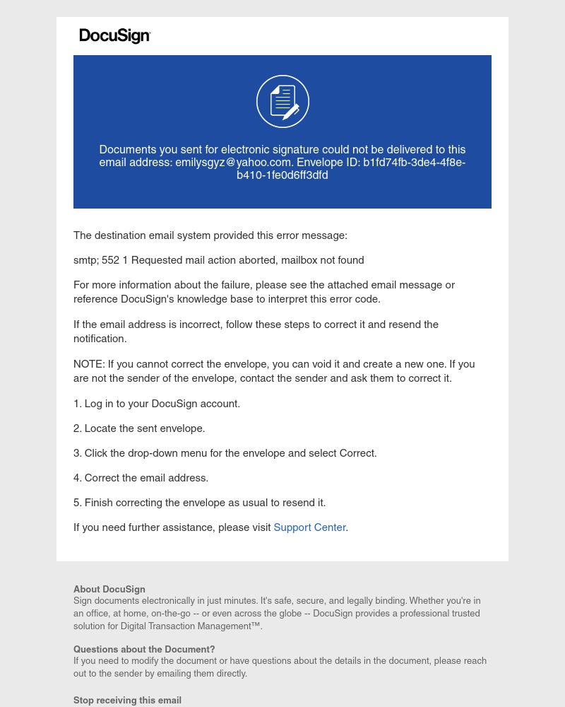  - Documents sent for signature could not be delivered