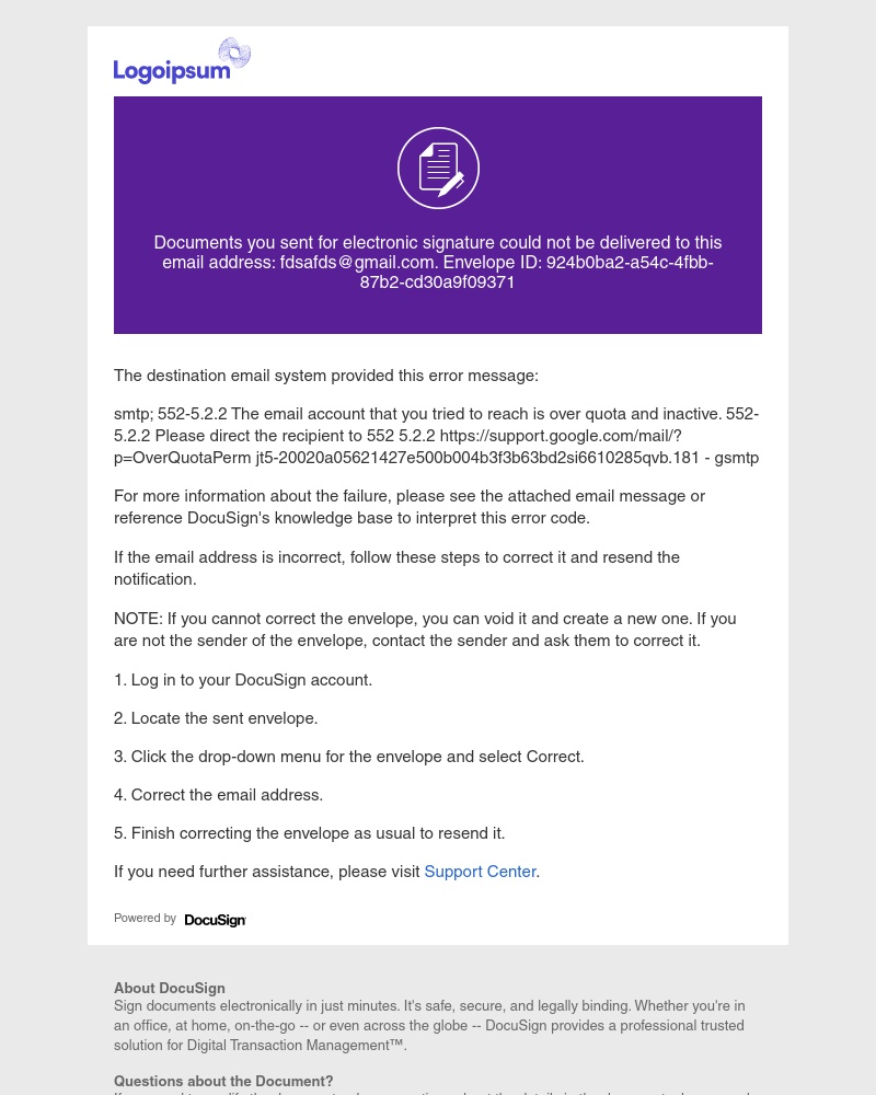 Docusign - Documents sent for signature could not be delivered
