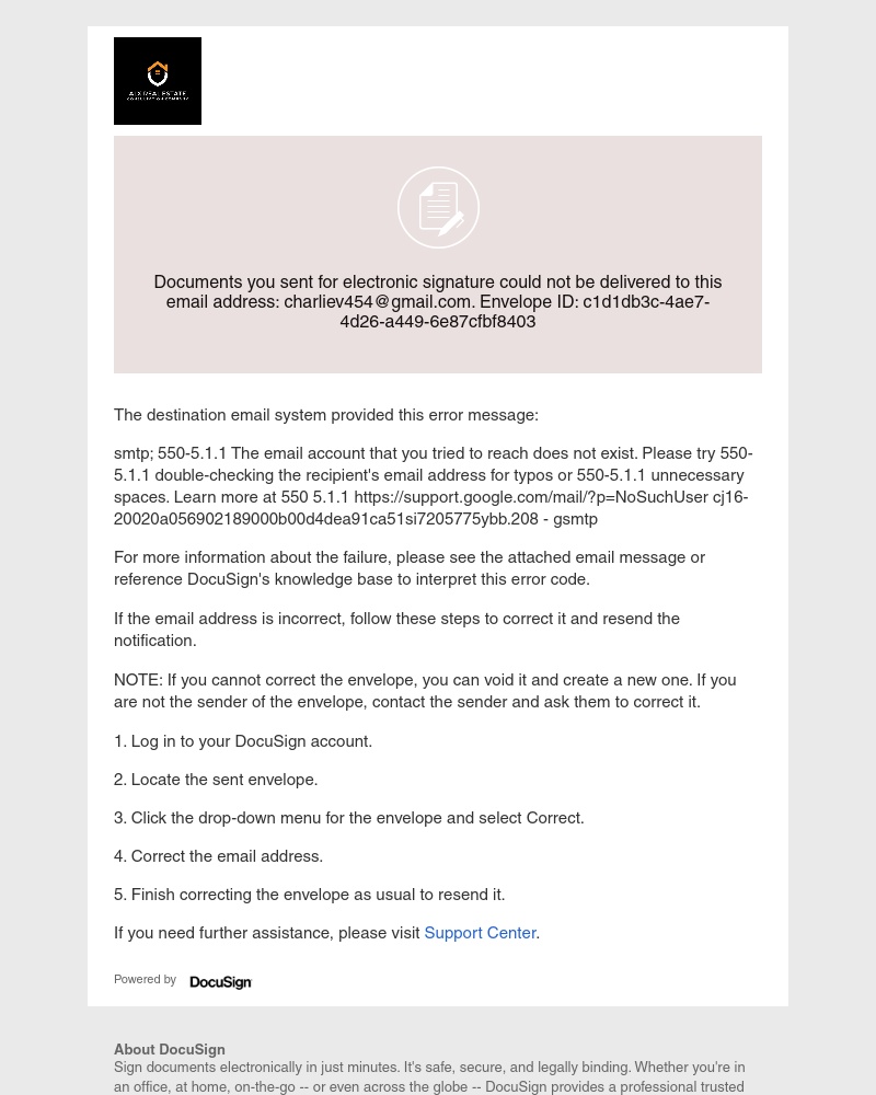  - Documents sent for signature could not be delivered