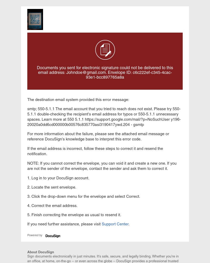  - Documents sent for signature could not be delivered